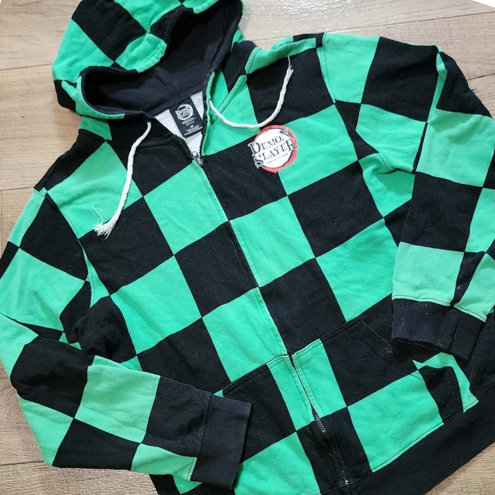 Demon Slayer Tanjiro Kamado Checkered Zip Up Hoodie Mens 2X Green Black Anime